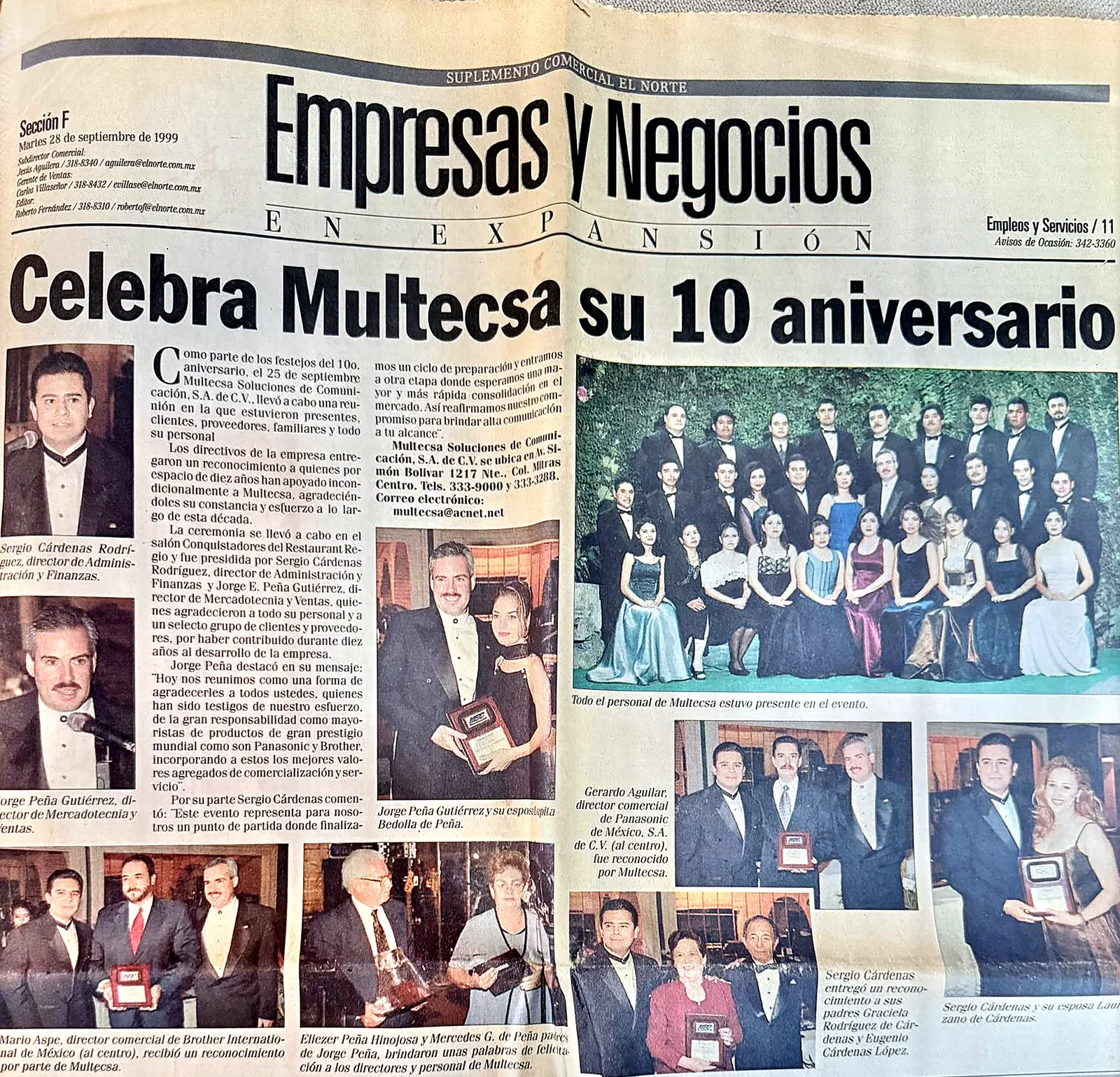 Página completa de El Norte del 28 de septiembre de 1999 con la nota «Celebra Multecsa su 10 aniversario»